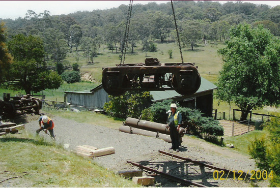 Tracks and Train being installed after the Walcha Road Hotel Fire
